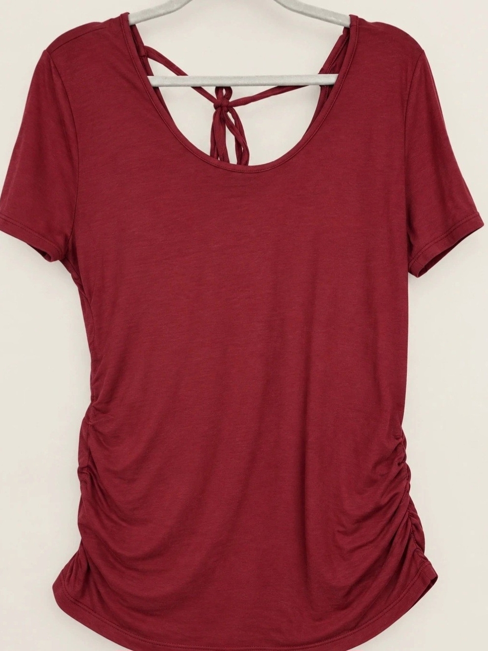 Maurices Wine Red Short Sleeve Ruched Side Tie-Back Top